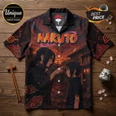 Naruto anime print short-sleeve button-up shirt featuring Itachi and Sasuke Uchiha on a dark red sunset background.!