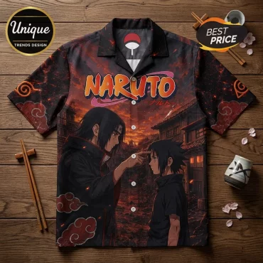 Naruto Itachi and Sasuke Uchiha Black Button Up Hawaiian Shirt