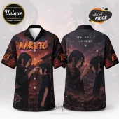 Naruto short-sleeve button-down shirt featuring Itachi and Sasuke Uchiha with red cloud Akatsuki patterns on dark fabric.!