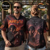 Unisex Naruto button-down shirt featuring Itachi and Sasuke Uchiha with red cloud Akatsuki motifs on a dark background.!