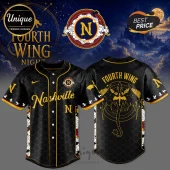 Black baseball jersey with Nashville text, gold dragon back graphic, and dragon scale pattern on a dark celestial background.!