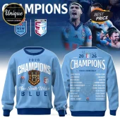 NSW Blues 2026 Champions sweatshirt in light blue with team roster, Ampol shield emblem, and 2026 text on back.!