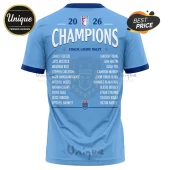 Light blue NSW Blues 2026 Champions jersey back with player names, coach Laurie Daley, and state emblem graphic.!