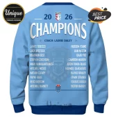 Light blue NSW Blues 2026 Champions sweatshirt with white text listing team roster and coach name on the back.!