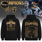Black NSW Blues 2026 Champions hoodie featuring gold text, team logo, and a roster list on the back.!