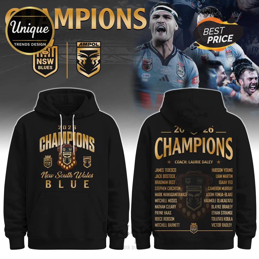 New South Wales Blues 2026 Champions Roster Hoodie New South Wales Blues 2026 Champions Roster Hoodie