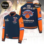 New York Knicks 2026 NBA Finals championship varsity jacket in navy blue and orange with team logos and embroidered text.!