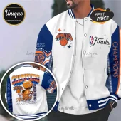 New York Knicks 2026 Finals Champions varsity jacket featuring white and blue panels with orange basketball graphics.!