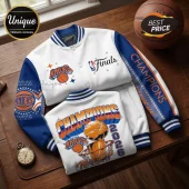 New York Knicks 2026 basketball championship varsity jacket featuring white and blue panels with orange lettering.!