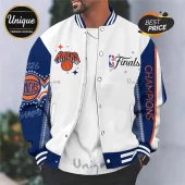 New York Knicks basketball varsity jacket with blue and orange accents, Finals Champions text, and snap button closure.!