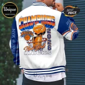New York Knicks varsity jacket featuring Champions 2026 graphics, blue and orange team colors, and basketball motifs.!
