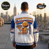 White and blue varsity jacket featuring a New York Knicks 2026 championship graphic, basketball, and hoop on the back.!