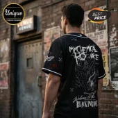 Black My Chemical Romance baseball jersey with white graphic of The Black Parade skeleton and text on brick background.!