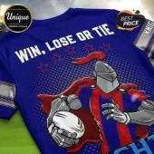 Newcastle Knights Blue Red Mascot T-Shirt with white text reading Win, Lose or Tie and a silver armored knight holding ball.