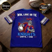 Newcastle Knights Blue Red Mascot T-Shirt with graphic of a knight holding a rugby ball and text stating Win Lose or Tie.