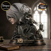 NieR:Automata 10th Anniversary 2B PVC statue with white hair, black dress, and sword on a detailed circular base.!