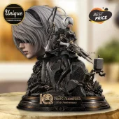 2B Nier Automata 10th anniversary resin statue with white hair, black dress, sword, and mechanical base on display.!