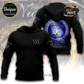 Black Nightwish 30th anniversary hoodie with white XXX on front and cosmic blue portal design on back.!