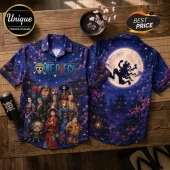 One Piece anime Hawaiian shirt featuring Straw Hat crew on front and Gear 5 Luffy silhouette against a full moon on back.!