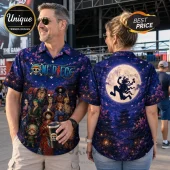 One Piece anime print button-up shirt featuring Straw Hat crew on front and Gear 5 Luffy silhouette on back at full moon.!