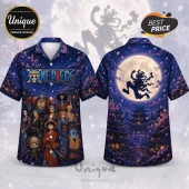 One Piece anime button-up shirt featuring the Straw Hat crew on the front and Luffy Gear 5 silhouette on the back.!