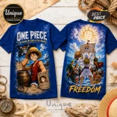One Piece Monkey D Luffy Freedom T-Shirt featuring dual prints of Luffy with a wanted poster and the Straw Hat crew.