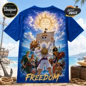 One Piece Monkey D Luffy Freedom T-Shirt featuring Luffy, Zoro, Nami, and the Straw Hat crew on a vibrant blue graphic.