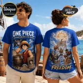 One Piece Monkey D Luffy Freedom T-Shirt featuring Luffy, Straw Hat crew, and wanted poster on blue fabric.