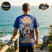 One Piece Monkey D Luffy Freedom T-Shirt featuring a full-back print of the Straw Hat crew against a sunny blue ocean.