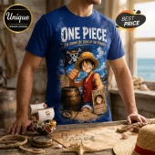 One Piece Monkey D Luffy Freedom T-Shirt in blue featuring Luffy, a pirate flag, map, and wanted poster graphic print.