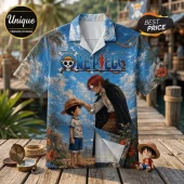 One Piece anime aloha shirt with blue sky, cloud pattern, and graphic print of Shanks placing straw hat on young Luffy.!