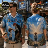 One Piece anime aloha shirt with blue sky, ocean, and Luffy and Shanks character print on a lightweight fabric.!
