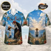 One Piece anime aloha shirt with Shanks and Luffy graphic, blue sky, ocean, and floral print on lightweight fabric.!