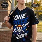 Man wearing a black baseball jersey with One Piece anime graphics, straw hat skull, and Dodgers LA team branding.!