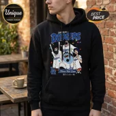 Black hooded sweatshirt with One Piece and LA Dodgers graphic, featuring anime characters wearing baseball jerseys.!