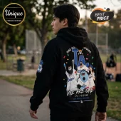 Black hoodie featuring One Piece characters wearing Los Angeles Dodgers jerseys with the text We Are One on the back.!