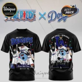 Black t-shirt front and back featuring One Piece characters wearing Los Angeles Dodgers baseball jerseys and confetti.!