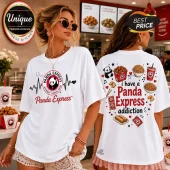 White crewneck t-shirt featuring a Panda Express logo on the front and food graphics with text on the back.!