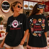 Black cotton t-shirt featuring Panda Express logos, heartbeat graphic, and various Chinese food icons on the back.!