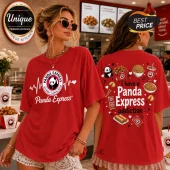 Red cotton t-shirt featuring Panda Express logos, heart pulse lines, and food graphics like noodles and fortune cookies.!