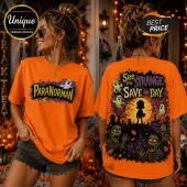 ParaNorman See the Strange Save the Day orange t-shirt showing a ghost on the front and a spooky cemetery graphic back.