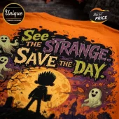 ParaNorman See the Strange Save the Day orange t-shirt with a graphic of Norman, ghosts, a moon, and creepy graveyard art.
