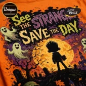 ParaNorman See the Strange Save the Day orange t-shirt featuring ghost graphics, a full moon, and a graveyard silhouette.