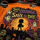 ParaNorman See the Strange Save the Day orange T-shirt featuring Norman, ghosts, zombies, and a full moon graphic design.