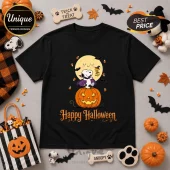 Peanuts Gang Great Pumpkin Halloween 2026 T-Shirt featuring Snoopy in a cape atop a jack-o'-lantern against a full moon.