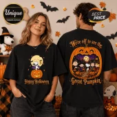 Peanuts Gang Great Pumpkin Halloween 2026 T-Shirt featuring Snoopy and friends on black cotton fabric.