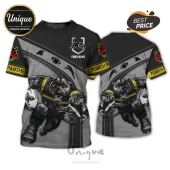 Penrith Panthers NRL Mascot Black Grey T-Shirt featuring a 3D panther graphic, rugby ball, and custom name text area.