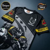 Penrith Panthers NRL Mascot Black Grey T-Shirt featuring a panther graphic, team logo, and custom name text area.