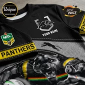 Penrith Panthers NRL Mascot Black Grey T-Shirt featuring a black panther graphic, NRL logo, and customizable name space.