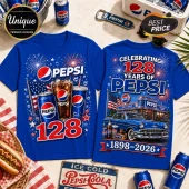 Blue Pepsi 128th anniversary commemorative t-shirt with American flag, vintage car, fireworks, and soda imagery graphics.!